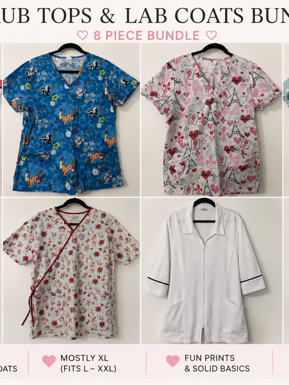 8-Piece Scrub Tops & Lab Coat Bundle - Mixed Prints & White Jacket